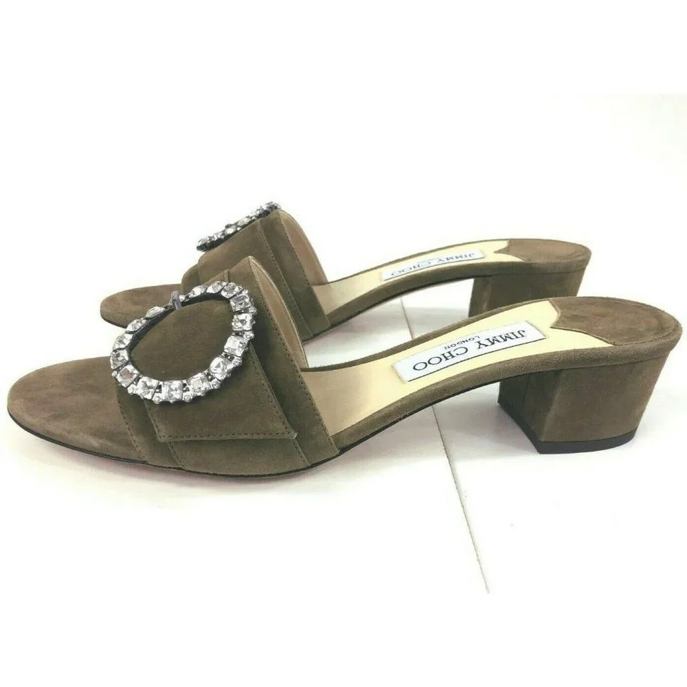 Jimmy Choo $700 Granger 35 Embellished Suede Sandals Green Brown 40